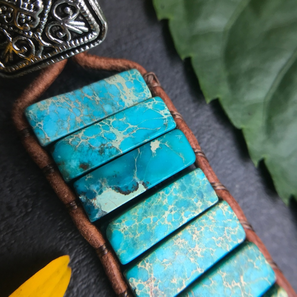 Blue Imperial Jasper Bracelet Boho Genuine Leather - Picture 4 of 8